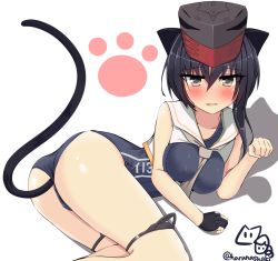 Rule 34 | 10s, 1girl, anal tail, animal ears, ass, asymmetrical hair, black eyes, black hair, blush, butt plug, cat ears, cat tail, fake tail, gloves, hair between eyes, hat, headphones, i-13 (kancolle), kantai collection, logo, looking at viewer, lying, on side, open mouth, partially fingerless gloves, paw pose, paw print, sailor collar, school swimsuit, sex toy, shiruhino, short hair, simple background, single glove, swimsuit, tail, twitter username, white background