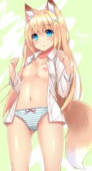 Rule 34 | 1girl, :o, animal ear fluff, animal ears, artist name, blonde hair, blue eyes, blush, breasts, fox ears, fox tail, green background, highres, long hair, long sleeves, looking at viewer, navel, nipples, open clothes, open shirt, original, panties, shirt, small breasts, sogaya, solo, striped clothes, striped panties, tail, underwear, white shirt