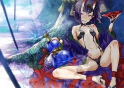 Rule 34 | 1girl, ankle ribbon, bare legs, black gloves, breasts, bridal gauntlets, circlet, cup, day, eyeliner, fangs, fate/grand order, fate (series), fingerless gloves, gloves, gourd, highres, horns, japanese clothes, leg ribbon, looking at viewer, makeup, navel, off shoulder, open mouth, outdoors, pointy ears, purple eyes, purple hair, redjuice, revealing clothes, ribbon, sakazuki, short hair, shuten douji (fate), sitting, skin-covered horns, small breasts, smile, solo