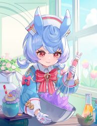 Rule 34 | 1girl, absurdres, animal ears, apron, aqua shirt, artist name, blue hair, blue sky, blush, book, book stack, bottle, bow, bowl, bowtie, brooch, buttons, closed mouth, cloud, commentary, cork, corked bottle, crossed bangs, cup, day, drinking straw, erlenmeyer flask, eyelashes, flask, flower, genshin impact, gloves, gradient hair, hair between eyes, hair ornament, hand up, hat, herb, highres, holding, holding bowl, holding whisk, indoors, jewelry, long sleeves, low twintails, medium hair, milkshake, mixing bowl, mortar (bowl), multicolored hair, nurse cap, peomyu phermu, pestle, pill, pink bow, pink flower, pom pom (clothes), pom pom hair ornament, potion, puffy long sleeves, puffy sleeves, purple hair, rainbow rose (genshin impact), red bow, red bowtie, red eyes, shirt, sidelocks, sigewinne (genshin impact), sky, sleeve cuffs, smile, solo, symbol-only commentary, tail, twintails, upper body, vase, whisk, white apron, white gloves, white hat, window