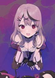 Rule 34 | @ @, ahoge, between legs, black thighhighs, blush, braid, breasts, camisole, cleavage, collar, ear piercing, earrings, eye contact, fingerless gloves, frilled shirt, frills, garter straps, gloves, hair ornament, hairclip, hand between legs, highres, hololive, jewelry, kneeling, looking at another, medium breasts, mind control, multicolored hair, nail polish, open mouth, piercing, pink nails, plaid, plaid skirt, pov, red eyes, sakamata chloe, shirt, simple background, skirt, strap slip, syhan, thigh strap, thighhighs, torn clothes, torn legwear, virtual youtuber, white camisole