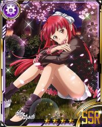 Rule 34 | 10s, 1girl, bow, brown eyes, card (medium), cherry blossoms, hair bow, long hair, looking at viewer, pointy ears, rain (sao), red hair, short shorts, shorts, sitting, solo, star (symbol), sword art online, white bow, white shorts
