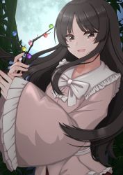 Rule 34 | 1girl, bamboo, black hair, bow, bowtie, branch, brown eyes, collar, collarbone, frilled collar, frilled sleeves, frills, full moon, highres, hime cut, holding, houraisan kaguya, jeweled branch of hourai, long hair, long sleeves, looking at viewer, mashiba lei, moon, open mouth, outdoors, sidelocks, sky, sleeves past wrists, smile, solo, touhou, white bow, wide sleeves