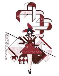Rule 34 | 1girl, absurdres, adapted costume, bare shoulders, black footwear, black hair, bow, closed mouth, detached sleeves, floating clothes, full body, gohei, hair bow, hair over one eye, hair tubes, hakurei reimu, harano kaguyama, highres, holding, holding gohei, legs together, long hair, long sleeves, looking at viewer, mary janes, necktie, one eye covered, red bow, red skirt, red vest, ribbon, shoes, sidelocks, simple background, skirt, solo, standing, straight-on, touhou, vest, white background