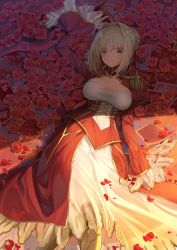 Rule 34 | 10s, 1girl, ahoge, arm up, armor, armored boots, bad id, bad pixiv id, blonde hair, blush, boots, braid, breasts, cleavage, cleavage cutout, closed mouth, clothing cutout, commentary request, dress, epaulettes, fate/extra, fate (series), green eyes, hair between eyes, hair intakes, haneru, highres, juliet sleeves, knee boots, large breasts, long sleeves, looking at viewer, lying, nero claudius (fate), nero claudius (fate) (all), nero claudius (fate/extra), on back, puffy sleeves, red dress, red ribbon, ribbon, see-through, sidelocks, sleeves past wrists, smile, solo, twitter username