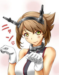 Rule 34 | 1girl, bare shoulders, blush, breasts, brown hair, collar, gloves, green eyes, headgear, ishii hisao, kantai collection, large breasts, looking at viewer, metal collar, mutsu (kancolle), pink background, short hair, smile, solo, upper body, white gloves