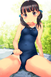 Rule 34 | 1girl, black hair, blush, breasts, brown eyes, competition school swimsuit, covered navel, long hair, looking at viewer, neuron (exceed), one-piece swimsuit, original, parted lips, partially visible vulva, school swimsuit, sitting, small breasts, smile, solo, speedo (company), spread legs, swimsuit, tan, tanline, twintails