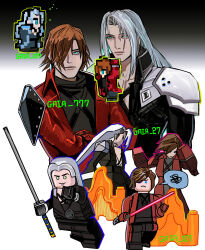 Rule 34 | 2boys, absurdres, alternate universe, armor, black coat, black shirt, blue eyes, brown hair, chest harness, coat, crisis core final fantasy vii, crossover, final fantasy, final fantasy vii, genesis rhapsodos, gradient background, green eyes, grey hair, harness, high collar, highres, holding, holding sword, holding weapon, katana, lego, lego minifig, long hair, long sleeves, male focus, multiple boys, newb ff7r, open clothes, open coat, pauldrons, rapier, red coat, sephiroth, shirt, short hair, shoulder armor, simple background, slit pupils, sweater, sword, the lego group, turtleneck, turtleneck sweater, weapon