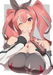 Rule 34 | 1girl, azur lane, bare shoulders, blush, box, breasts, bremerton (azur lane), cleavage, gift, gift box, grin, hair ribbon, hayato rikin, highres, large breasts, long hair, long sleeves, looking at viewer, multicolored hair, one eye closed, pink eyes, pink hair, ribbon, smile, solo, streaked hair, twintails, valentine