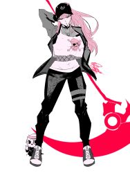 Rule 34 | 1girl, 21tsuna21, absurdres, artist name, crop top, deadbeat (mori calliope), hat, highres, hololive, hololive english, limited palette, midriff, mori calliope, navel, pink eyes, pink hair, ponytail, scythe, skeleton, solo, virtual youtuber, white background