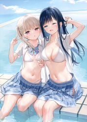 Rule 34 | 2girls, :o, ;d, absurdres, arm up, bikini, blonde hair, blue eyes, blue hair, blue skirt, blunt bangs, blush, bow, bowtie, breasts, cleavage, cloud, cloudy sky, colored inner hair, cropped, highres, holding, holding hair, large breasts, long hair, long image, looking at viewer, mignon, multicolored hair, multiple girls, navel, one eye closed, open clothes, open mouth, open shirt, original, outdoors, pink eyes, plaid, plaid skirt, pleated skirt, pool, poolside, school uniform, shirt, short sleeves, sitting, skirt, sky, small breasts, smile, soaking feet, sparkle, swimsuit, swimsuit under clothes, tall image, third-party edit, twintails, v, water, water drop, wet, wet clothes, white bikini, white shirt, wink