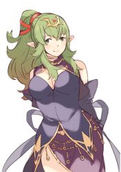 Rule 34 | 1girl, ai-wa, arms behind back, bare shoulders, breasts, cleavage, closed mouth, cosplay, dress, elbow gloves, fire emblem, fire emblem: the blazing blade, fire emblem awakening, fire emblem heroes, gloves, green eyes, green hair, highres, large breasts, long hair, nintendo, pointy ears, ponytail, side slit, simple background, smile, solo, tiara, tiki (adult) (fire emblem), tiki (fire emblem), ursula (fire emblem), ursula (fire emblem) (cosplay), white background