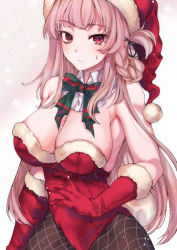 Rule 34 | 1girl, armpits, black pantyhose, blush, bow, bowtie, braid, breasts, cleavage, closed mouth, cowboy shot, detached collar, fate/grand order, fate (series), florence nightingale (fate), florence nightingale (santa) (fate), gloves, grangrangao, hat, highres, large breasts, leotard, long hair, looking at viewer, multicolored bow, pantyhose, pink hair, red eyes, red gloves, red hat, red leotard, santa hat, solo, sweat
