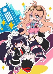 Rule 34 | + +, 2girls, ahoge, bandages, black hair, black nails, black socks, blonde hair, blue eyes, celestia ludenberg, commentary, criis-chan, danganronpa: trigger happy havoc, danganronpa (series), danganronpa v3: killing harmony, dress, drill hair, english commentary, gloves, goggles, goggles on head, gothic lolita, iruma miu, kneehighs, lolita fashion, long hair, long sleeves, multicolored hair, multiple girls, nail polish, necktie, open mouth, panty &amp; stocking with garterbelt, parody, pink hair, red eyes, school uniform, socks, sparkle, sparkle background, style parody, trait connection, twin drills, twintails, twitter username, two-tone hair