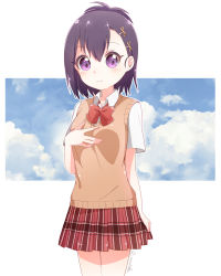 Rule 34 | 1girl, bafarin, cardigan, closed mouth, cowboy shot, gabriel dropout, hair ornament, hairclip, hand on own chest, highres, holding clothes, holding skirt, looking at viewer, pleated skirt, purple eyes, purple hair, short hair, short sleeves, sidelocks, skirt, sky, smile, solo, topknot, vignette tsukinose april, twitter username, x hair ornament