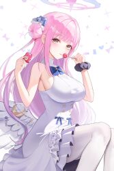 Rule 34 | 1girl, absurdres, black scrunchie, blue archive, blush, breasts, candy, dress, flower, food, hair bun, hair flower, hair ornament, halo, highres, holding, holding candy, holding food, large breasts, long hair, looking at viewer, mika (blue archive), pantyhose, pink hair, pink halo, purple flower, scrunchie, simple background, single side bun, solo, tongue, tongue out, white background, white dress, white pantyhose, wrist scrunchie, yellow eyes, zije