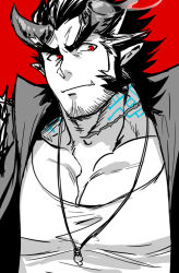 Rule 34 | 1boy, bara, beard, black hair, demon boy, facial hair, fang, fiery horns, horns, jewelry, large pectorals, long sideburns, looking at viewer, male focus, muscular, necklace, partially colored, pectorals, scar, sideburns, simple background, solo, stubble, sugo6969, takemaru (housamo), tank top, thick eyebrows, tokyo houkago summoners, upper body