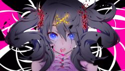 Rule 34 | 1girl, ame-chan (needy girl overdose), black hair, black nails, bleeding, blood, blood from mouth, blue eyes, breaking, close-up, crack, cracked skin, derivative work, evandragon, ghost rule (vocaloid), hair ornament, hair tie, hairclip, long hair, looking at viewer, multicolored background, nail polish, needy girl overdose, nude, open mouth, own hands together, parody, pink blood, red nails, shards, solo, straight-on, twintails, vocaloid, x hair ornament