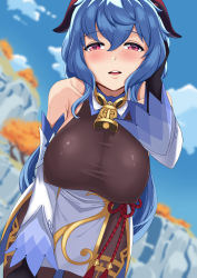 Rule 34 | 1girl, bare shoulders, bell, bent over, black pantyhose, blue hair, breasts, cowbell, ganyu (genshin impact), genshin impact, gloves, half-closed eyes, highres, horns, large breasts, long hair, long sleeves, looking at viewer, mountain, naughty face, open mouth, pantyhose, purple eyes, sky, smile, solo, warden (jadol 9)