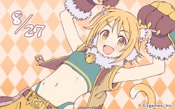 Rule 34 | 1girl, animal ears, animal hands, bell, blonde hair, cat ears, cat paws, cat tail, collar, copyright notice, cygames, hair ornament, hairclip, highres, hirosaki hiyori, neck bell, official art, orange background, princess connect!, short hair, solo, tail, yellow eyes