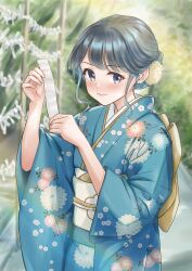 Rule 34 | 1girl, absurdres, black hair, blue eyes, blush, day, flower, free palet, furisode, hair flower, hair ornament, highres, holding, japanese clothes, kimono, looking at viewer, obi, omikuji, original, outdoors, sash, solo, sunlight, wide sleeves