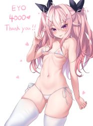 Rule 34 | 1girl, :p, absurdres, bad id, bad pixiv id, bikini, black ribbon, blush, breasts, fingernails, fox shadow puppet, hair between eyes, hair ornament, hair ribbon, heart, highres, jingo, long hair, looking at viewer, nail polish, navel, original, pink eyes, pink hair, pink nails, ribbon, side-tie bikini bottom, simple background, small breasts, solo, swimsuit, thank you, thighhighs, thighs, tongue, tongue out, twintails, virtual youtuber, vrchat, white background, white bikini, white thighhighs, x hair ornament