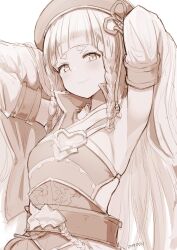 Rule 34 | 1girl, armlet, armpits, arms behind head, arms up, backless dress, backless outfit, bare shoulders, beret, blunt bangs, blush, braid, breasts, detached sleeves, dress, erune, granblue fantasy, greyscale, hat, highres, long hair, looking at viewer, monochrome, nosuku, pholia, short eyebrows, side braids, small breasts, smile, solo, very long hair, wide sleeves