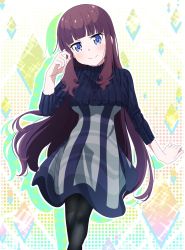 Rule 34 | 1girl, black pantyhose, blue dress, blue eyes, blunt bangs, blush, character request, closed mouth, commentary request, dress, hand up, head tilt, highres, long hair, long sleeves, looking at viewer, makicha (sasurainopink), new game!, pantyhose, purple hair, ribbed sweater, smile, solo, sweater, very long hair