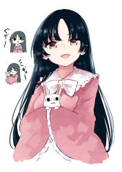Rule 34 | 1girl, animal, black hair, blush, bow, breasts, brown eyes, collared shirt, deetamu, frilled shirt collar, frills, hands in opposite sleeves, highres, houraisan kaguya, long hair, medium breasts, multiple views, open mouth, pink shirt, rabbit, shirt, simple background, sleeves past fingers, sleeves past wrists, smile, touhou, white background, white bow, wide sleeves