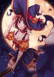 Rule 34 | 1girl, bat (animal), black skirt, black sky, breasts, broom, broom riding, brown eyes, brown hair, cleavage, collar, facepaint, fang, full moon, halloween, hat, hat feather, looking at viewer, md5 mismatch, medium breasts, mengzhi, moon, night, night sky, orange feathers, puffy short sleeves, puffy sleeves, red collar, short sleeves, skirt, sky, solo, star (sky), starry sky, striped clothes, striped thighhighs, thighhighs, witch, witch hat