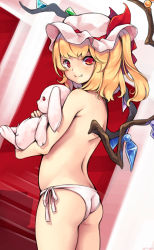 Rule 34 | 1girl, absurdres, arched back, ass, back, bare arms, blonde hair, closed mouth, cowboy shot, crystal, fang, fang out, flandre scarlet, from side, hat, hat ribbon, highres, holding, holding stuffed toy, looking at viewer, looking back, lun (fatalism2018), medium hair, mob cap, panties, red eyes, ribbon, shoulder blades, side-tie bottom, side-tie panties, side ponytail, smile, solo, standing, stuffed animal, stuffed toy, topless, touhou, underwear, underwear only, upper body, wings