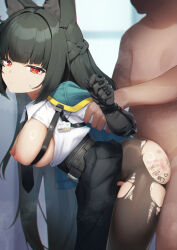 1boy 1girl animal_ear_fluff animal_ears aqua_jacket belt black_gloves black_hair black_skirt blunt_bangs braid breasts brown_pantyhose clothed_female_nude_male clothed_sex collared_shirt dabuki fingerless_gloves fox_ears fox_girl gloves hetero high-waist_skirt highres hoshimi_miyabi jacket large_breasts long_hair long_sleeves looking_at_viewer necktie nipples nude pantyhose prosthesis prosthetic_arm red_eyes sex sex_from_behind shirt sidelocks single_fingerless_glove skirt thighs torn_clothes torn_pantyhose white_shirt zenless_zone_zero