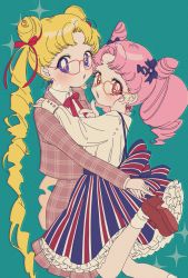 Rule 34 | 1990s (style), 2girls, :o, absurdres, alternate costume, aqua background, bespectacled, bishoujo senshi sailor moon, blazer, blonde hair, blue bow, blue eyes, blue ribbon, blue skirt, bow, bowtie, brown jacket, chibi usa, crescent, crescent earrings, drill hair, earrings, frilled skirt, frills, glasses, grey jacket, hair ribbon, heart, heart-shaped eyewear, heart earrings, highres, hug, index finger raised, jacket, jewelry, kirita ohana, long hair, long sleeves, looking at viewer, medium hair, multicolored clothes, multicolored skirt, multiple girls, open mouth, orange-framed eyewear, parted bangs, pink-framed eyewear, pink eyes, pink hair, plaid, plaid jacket, pointing, red bow, red bowtie, red ribbon, red skirt, retro artstyle, ribbon, ribbon earrings, sailor moon, shirt, simple background, skirt, star (symbol), striped clothes, striped skirt, tsukino usagi, twintails, vertical-striped clothes, vertical-striped skirt, white shirt, white skirt, wing collar