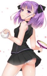 Rule 34 | 1girl, ass, back, bad id, bad twitter id, ball, bare arms, bare shoulders, black ribbon, black shirt, black skirt, blunt bangs, blush, bow, bow panties, breasts, closed mouth, cowboy shot, fate/grand order, fate (series), from behind, hair ornament, hair ribbon, hands up, helena blavatsky (fate), highres, holding, holding ball, legs apart, lips, long hair, looking at viewer, looking back, miniskirt, nishimi shin, panties, pantyshot, pink lips, purple eyes, purple hair, racket, ribbon, shirt, short hair, simple background, skirt, sleeveless, small breasts, solo, sportswear, standing, sweatdrop, tennis racket, tennis uniform, twintails, underwear, white background, white panties