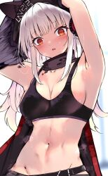 Rule 34 | 1girl, animal ear fluff, animal ears, arknights, armpits, arms up, beanie, black cape, black hat, blurry, blurry background, blush, breasts, cape, cleavage, collarbone, commentary request, depth of field, ears through headwear, frostleaf (arknights), groin, hat, headphones, highres, kyuu (plastic night q), long hair, looking at viewer, material growth, medium breasts, navel, oripathy lesion (arknights), parted lips, red eyes, solo, undressing, very long hair, white hair