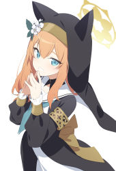 Rule 34 | 1girl, animal ear headwear, aqua eyes, blue archive, blush, dress, fake animal ears, highres, long hair, long sleeves, looking at viewer, mari (blue archive), neckerchief, open mouth, orange hair, own hands together, sailor collar, simple background, smile, solo, steepled fingers, supershiruco, upper body, white background, white dress