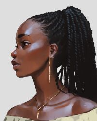 Rule 34 | 1girl, black hair, closed mouth, commentary, dark-skinned female, dark skin, earrings, english commentary, grey background, highres, jewelry, long hair, looking to the side, necklace, original, portrait, sam yang, simple background, solo
