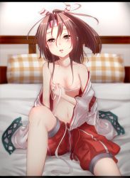 Rule 34 | 10s, 1girl, bed, bed sheet, blurry, brown eyes, unworn clothes, depth of field, hachimaki, headband, high ponytail, highres, japanese clothes, kantai collection, kimono, unworn kimono, lace-trimmed sleeves, lace trim, light brown hair, long hair, md5 mismatch, nuka (nvkka), open mouth, pillow, red shorts, resolution mismatch, sarashi, shorts, sidelocks, solo, source smaller, white kimono, zuihou (kancolle)