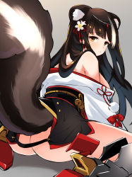Rule 34 | 1girl, animal ear fluff, animal ears, ass, azur lane, bare shoulders, bell, black hair, blush, boots, brown eyes, flower, gradient background, hair flower, hair ornament, japanese clothes, kimono, long hair, long tail, looking at viewer, looking back, multicolored hair, naganami (azur lane), no panties, off shoulder, pom pom (clothes), sash, sitting, skunk ears, skunk tail, solo, tail, white hair, white kimono, youhei 64d