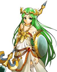 Rule 34 | 1girl, aqua eyes, armlet, bare shoulders, bracer, circlet, closed mouth, dress, green hair, holding, holding staff, jewelry, kid icarus, long hair, neck ring, necklace, nintendo, nishikuromori, palutena, parted bangs, shield, side slit, simple background, smile, solo, staff, strapless, strapless dress, thighhighs, very long hair, white background, white dress, white thighhighs, zettai ryouiki