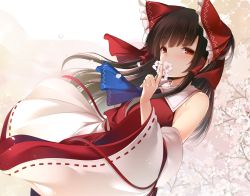 Rule 34 | 1girl, ascot, bare shoulders, black hair, blue ascot, blush, bow, cherry blossoms, collared shirt, commentary request, cowboy shot, day, detached sleeves, flower, frilled bow, frilled shirt collar, frills, hair bow, hair tubes, hakurei reimu, half-closed eyes, hand up, holding, holding flower, long hair, looking at viewer, nontraditional miko, outdoors, petals, red eyes, red ribbon, red shirt, red skirt, ribbon, shirt, sidelocks, skirt, skirt set, sleeveless, sleeveless shirt, solo, tareme, touhou, toyosaki shu, white flower, wind