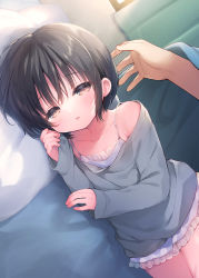 Rule 34 | 1boy, 1girl, black hair, blue camisole, blue shorts, breasts, brown hair, camisole, collarbone, commentary request, curtains, day, grey shirt, hair between eyes, half-closed eyes, highres, long sleeves, looking at viewer, lying, off shoulder, on side, original, out of frame, parted lips, pillow, shirt, short shorts, shorts, sleeves past wrists, small breasts, solo focus, sunlight, under covers, usashiro mani, window