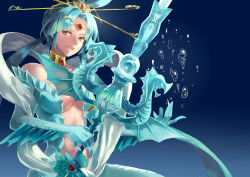 Rule 34 | 1girl, :d, absurdres, air bubble, blue background, breasts, brown eyes, bubble, collar, collarbone, djinn equip, fins, forehead jewel, gem, hair ornament, hair rings, hair stick, highres, holding, holding sword, holding weapon, long hair, looking at viewer, low twintails, magi the labyrinth of magic, medium breasts, mermaid, monster girl, navel, open mouth, parted bangs, ren kougyoku, scales, simple background, smile, sword, twintails, underboob, unsheathed, weapon
