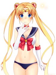 Rule 34 | 1girl, bishoujo senshi sailor moon, blonde hair, blue eyes, blue panties, blue sailor collar, blush, bow, bra, breasts, choker, cleavage, double bun, earrings, elbow gloves, gloves, hair bun, hair ornament, hairpin, highres, jewelry, long hair, looking at viewer, medium breasts, navel, panties, red bow, sailor collar, sailor moon, sailor moon narikiri bra set, sasakichi (ssk chi), shiny skin, skindentation, solo, standing, stomach, thigh gap, tsukino usagi, twintails, underwear, underwear only, white background, white gloves