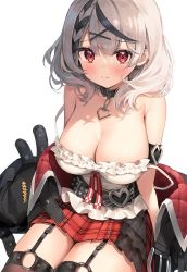 Rule 34 | 1girl, ayamy, bare shoulders, black collar, black hair, breasts, cleavage, closed mouth, collar, garter belt, heart collar, highres, hololive, large breasts, looking at viewer, multicolored hair, plaid, plaid skirt, red eyes, red skirt, sakamata chloe, simple background, sitting, skirt, smile, solo, streaked hair, thighhighs, virtual youtuber, white background