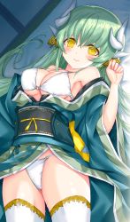 Rule 34 | 1girl, bare shoulders, blush, bra, breasts, cleavage, collarbone, dragon girl, dragon horns, fate/grand order, fate (series), green hair, green kimono, hair between eyes, hair ornament, highres, horns, japanese clothes, kimono, kiyohime (fate), long hair, looking at viewer, morizono shiki, multiple horns, panties, smile, solo, thighhighs, underwear, very long hair, white bra, white panties, white thighhighs, yellow eyes