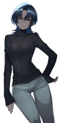 Rule 34 | 1girl, black shirt, blue eyes, blue hair, breasts, colored inner hair, commentary request, grey pants, hand on own hip, highres, hiodoshi ao, hololive, hololive dev is, jewelry, looking at viewer, medium breasts, medium hair, mole, mole under mouth, multicolored hair, necklace, pants, parted bangs, parted lips, ratatatat74, shirt, simple background, sleeves past wrists, solo, thigh gap, tomboy, turtleneck, virtual youtuber, white background
