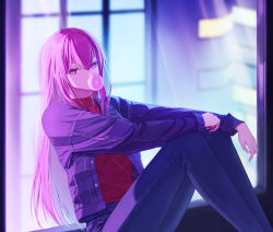 Rule 34 | 1girl, against window, chewing gum, city lights, denim, denim jacket, hero (bad end theater), highres, hololive, hololive english, indoors, jacket, jeans, long hair, looking at viewer, mori calliope, muwon, open clothes, open jacket, pants, pink eyes, pink hair, red shirt, shirt, sidelocks, sitting, solo, straight hair, turtleneck, virtual youtuber