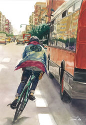 Rule 34 | 1boy, artworksmil, bicycle, building, bus, car, city, english text, highres, motor vehicle, original, painting (medium), realistic, reflection, riding, riding bicycle, road, signature, street, traditional media, traffic light, van