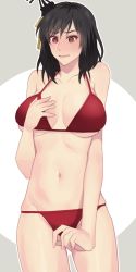 Rule 34 | 10s, 1girl, @ @, bikini, black hair, blush, breasts, cleavage, embarrassed, female focus, full-face blush, hair ornament, kantai collection, large breasts, meron, red bikini, red eyes, short hair, simple background, solo, swimsuit, yamashiro (kancolle)